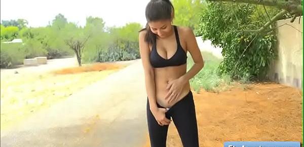  Lovely natural busty brunette teen Nina goes for a run and fucks her juicy wet pussy with a ripe banana outdoors